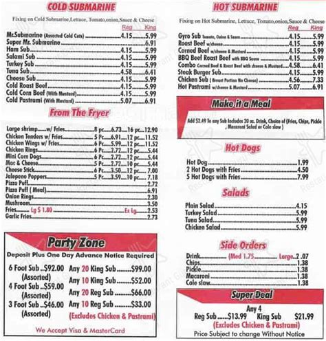 Menu At Mr Submarine Fast Food Brookfield 47th St