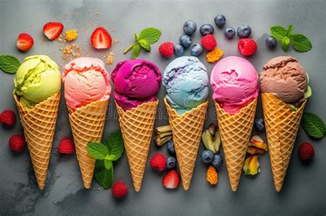 Colourful Ice Cream Cones With Fresh Fruits Over Dark Background Different Ice Cream Flavours