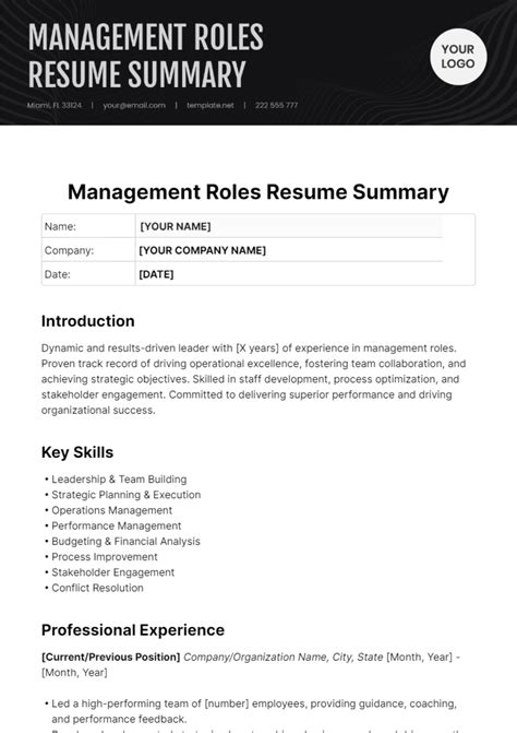 Free Management Roles Resume Summary Template to Edit Online