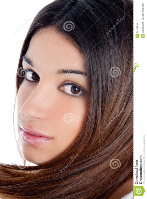 Asian Brunette Indian Woman With Long Hair Closeup Stock Photo Image