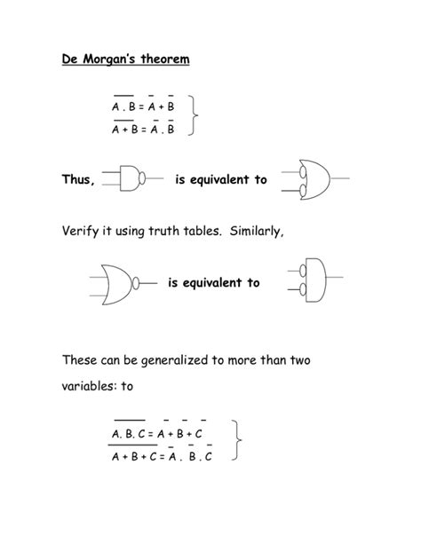 De Morgan`s theorem Thus, is equivalent to Verify it using truth