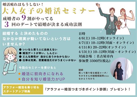 【大人女子の婚活セミナー募集開始】成婚者の9割がやってる！3回のデートで結婚が決まる成功法則〜アラフォーが楽しく乗り切る婚活術〜 ちひろ