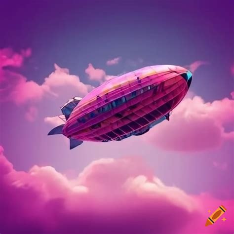 Futuristic Airship City Floating In Pink Clouds