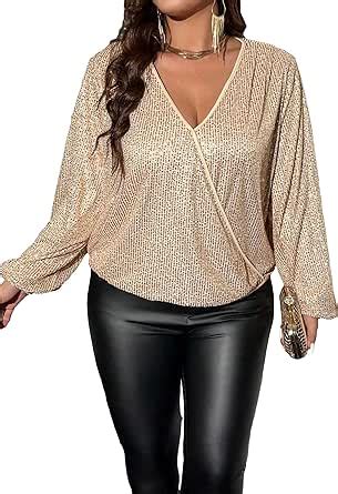 Makemechic Women S Plus Size Deep V Neck Long Lantern Sleeve Sequin