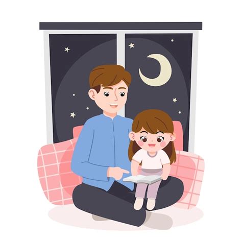 Premium Vector | Father read book bed to daughter before sleep on night
