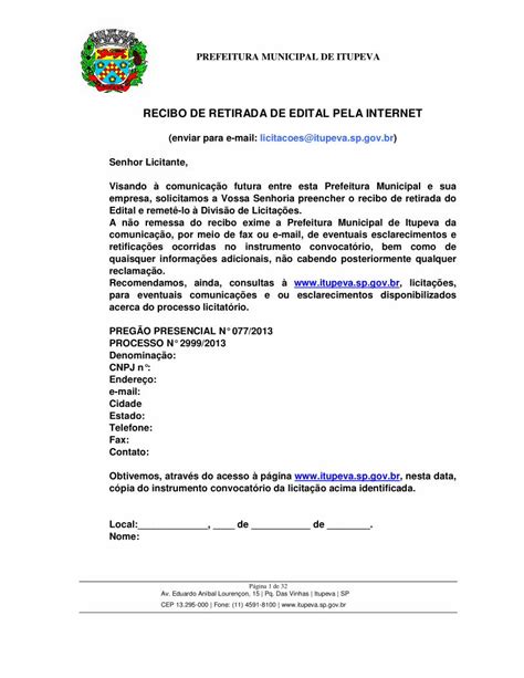 Pdf Recibo De Retirada De Edital Pela Internet Prefeitura