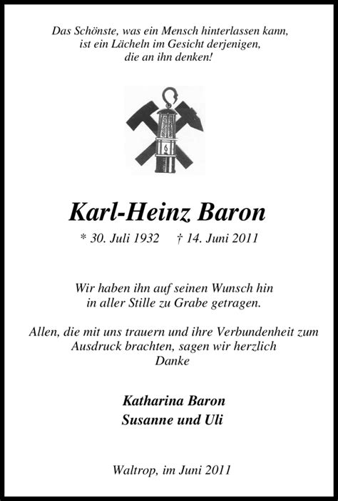 Traueranzeigen Von Karl Heinz Baron Trauer In NRW De