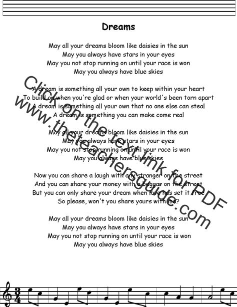 Dreams Lyrics, Printout, MIDI, and Video