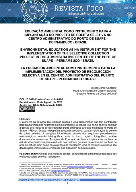 Pdf Educa O Ambiental Como Instrumento Para A Implanta O Do Projeto