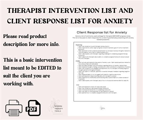 Anxiety Intervention And Client Response List For Therapists Birpgirp Notes Progress Notes For