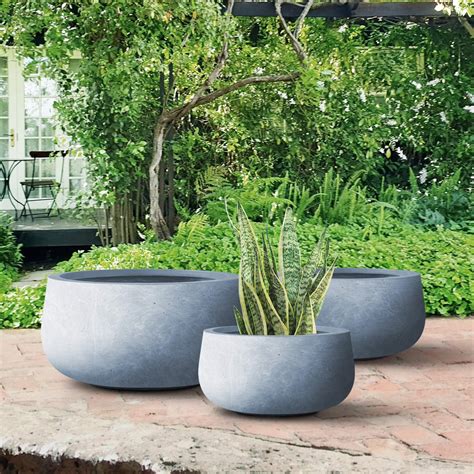 Durx Litecrete Lightweight Concrete Modern Low Bowl Cement Planter Set