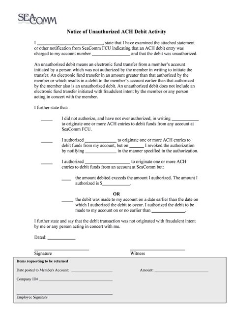 Fillable Online Seacomm Noticed Of Unauthorized ACH Debit Form Fax