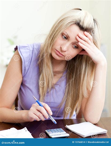 Stressed Woman Paying Her Bills Stock Photo - Image of concentration