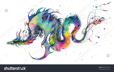 Very Colorful And Vibrant Watercolor Painting Of Rainbow Dragon On