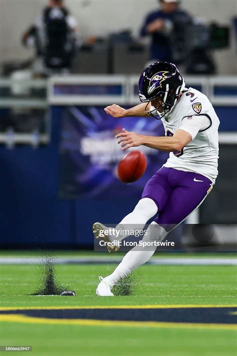 Baltimore Ravens place kicker Justin Tucker kicks off during the ...