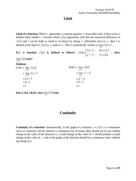 Limit Continuity And Differentiability Of A Function At A Point Pdf