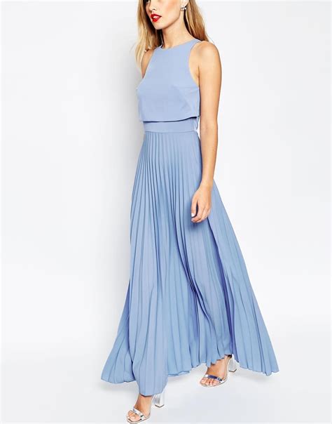 Asos Pleated Crop Top Maxi Dress In Blue Lyst