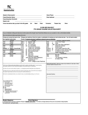 Fillable Online KLEIN ISD 2016 2017 7TH GRADE COURSE SELECTION SHEET