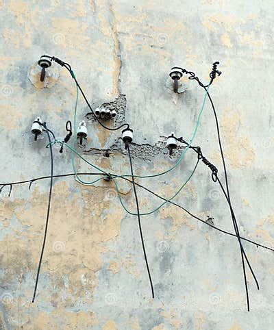 electric power cables sticking    wall    house stock image image
