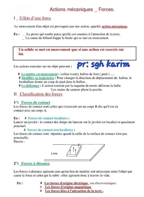 1ère année secondaire Physique Cours physique sur les actions