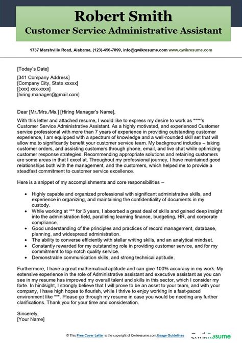 Customer Service Administrative Assistant Cover Letter Examples Qwikresume