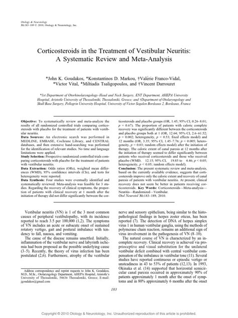 Corticosteroids In The Treatment Of Vestibular Neuritis A Systematic Review And Meta Analysis