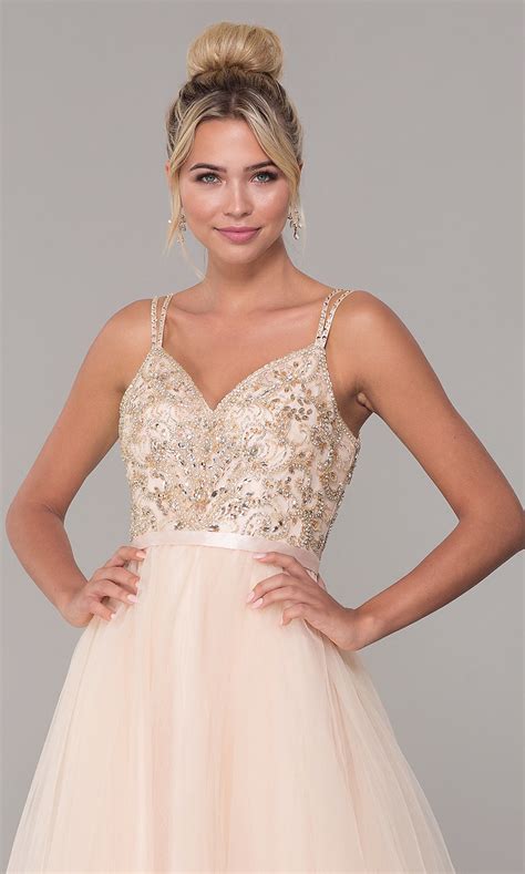 Long V Neck Beaded Bodice Tulle Prom Dress Promgirl