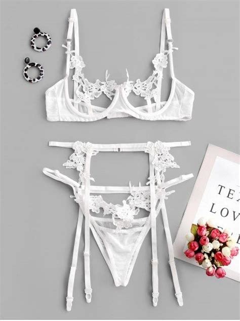 Underwire Flower Applique Jarreteira Set Lingerie Branco S Vestidos