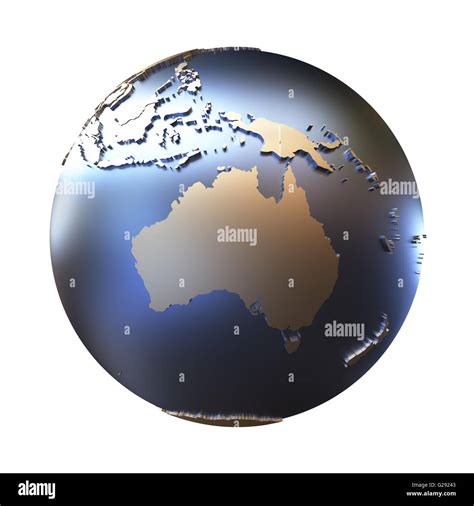 Australia On Elegant Metallic Model Of Planet Earth With Blue Ocean And