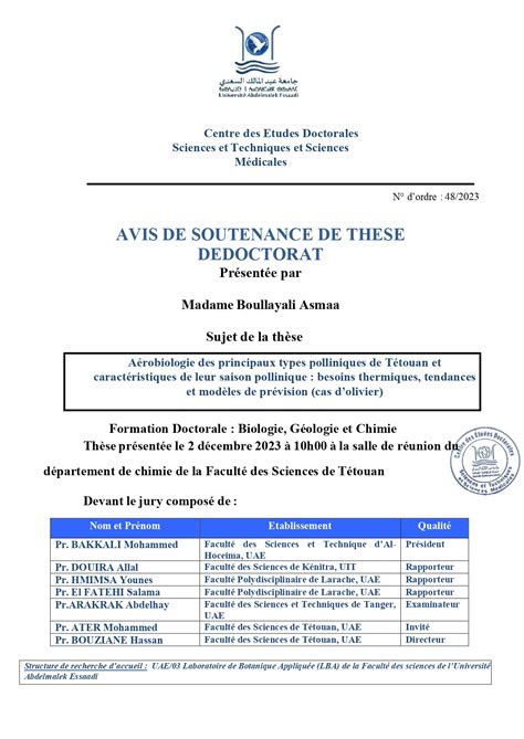 Soutenance De Doctorat En Sciences Mme Boullayali Asmaa Fs T Touan