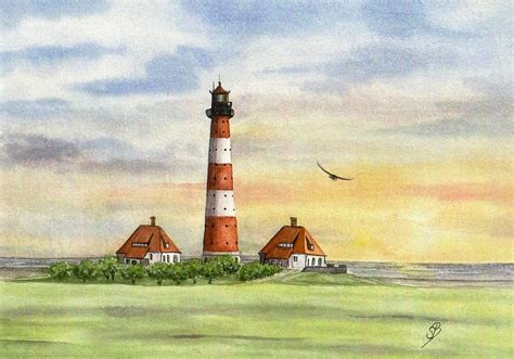 Aquarell Din A Bild Aquarelldruck Leuchtturm Westerhever