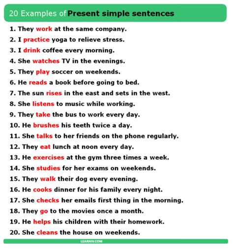 Here are 20 examples of sentences in Simple Present Tense