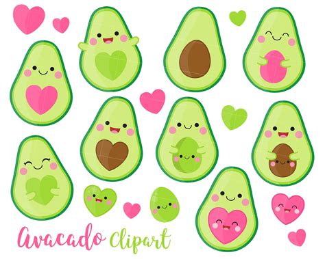 Avocado Clipart Avocado Clip Art Kawaii Avocado Fruit Etsy Uk