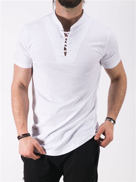 Kandb Men Lace Mock Neck T Shirt White Slim Fit Top High Fashion