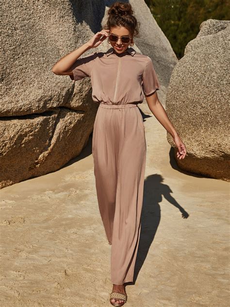 Jumpsuit Deep Apricot Turndown Collar Short Sleeves Buttons Stretch