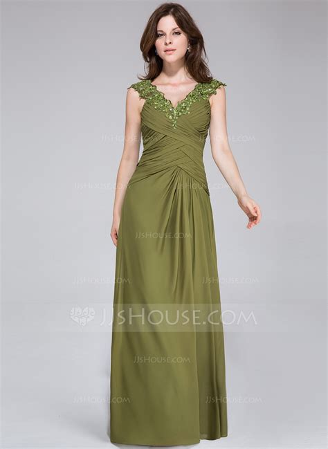 A Line Princess V Neck Floor Length Chiffon Evening Dress With Ruffle