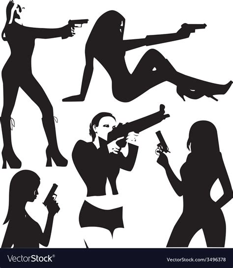 Set Of Sexy Woman Silhouette With Gun Royalty Free Vector