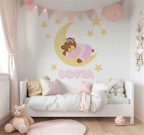 Sticker Mural Chambre Enfant Ours Rose Avec Nom