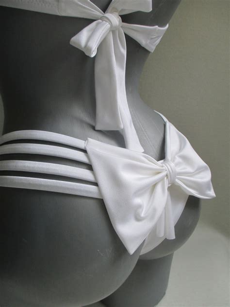 White Thong Wedding Cheeky Bikini Bow Bottoms Strappy Bandeau Etsy