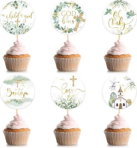 Amazon Henoyso Pcs Greenery Baptism Cupcake Toppers God Bless