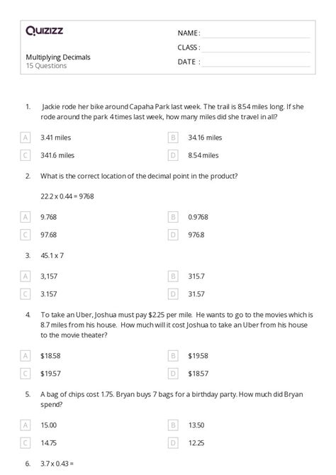 50 Multiplying Decimals Worksheets For 6th Grade On Quizizz Free And Printable