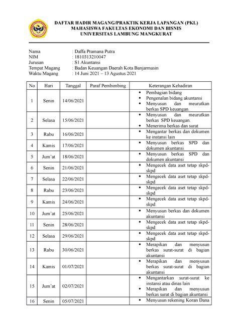 Presensi Magang Bakeuda Daffa 2021 Semster 7 DAFTAR HADIR MAGANG