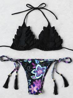 Sets De Bikini Fruncido Con Cord N De Fleco Con Estampado De Calic