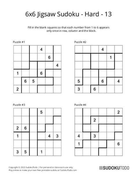 6x6 Hard Jigsaw Sudoku Printable Puzzles