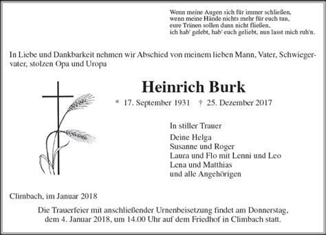 Traueranzeigen Von Heinrich Burk Vrm Trauer De