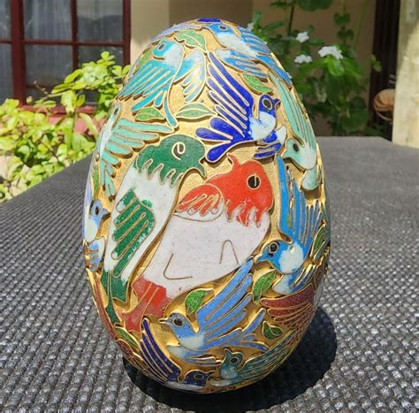 Oriental Cloisonne Enamel Painted Egg With Bird Motif Large 12cm High