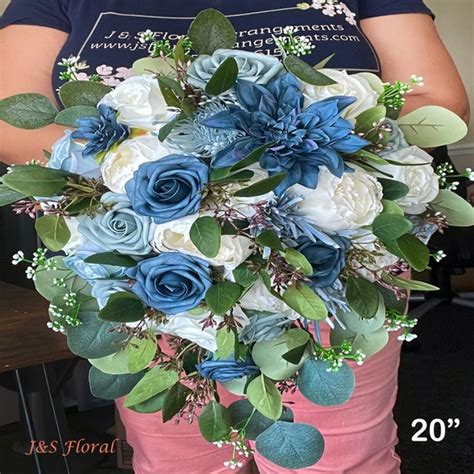 Dusty Blue White Cascading Wedding Bouquet Steel Blue Wild Etsy