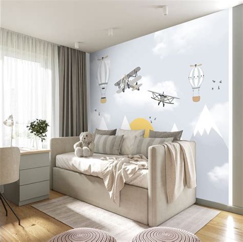 Boys Room Ideas, Boys Room Wallpaper, Airplane Wallpaper, Interior Design, 3D Wallpaper, Blue ...