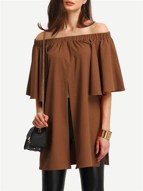 Shirred Off The Shoulder Split Front Blouse Shein Sheinside