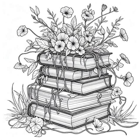 Books With Flower Coloring Book Page Premium Ai Generated Vector